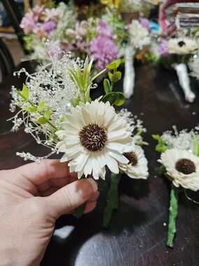 Handcrafted Cream Sola Wood Daisy Boutonniere with Greenery (8)